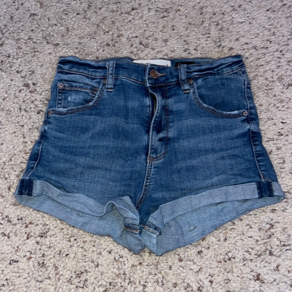High-waisted blue denim shorts